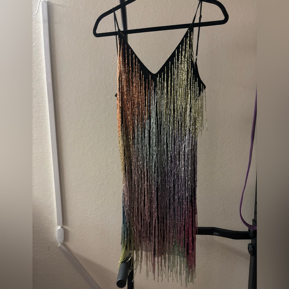 NastyGal Rainbow sparkle fringe dress